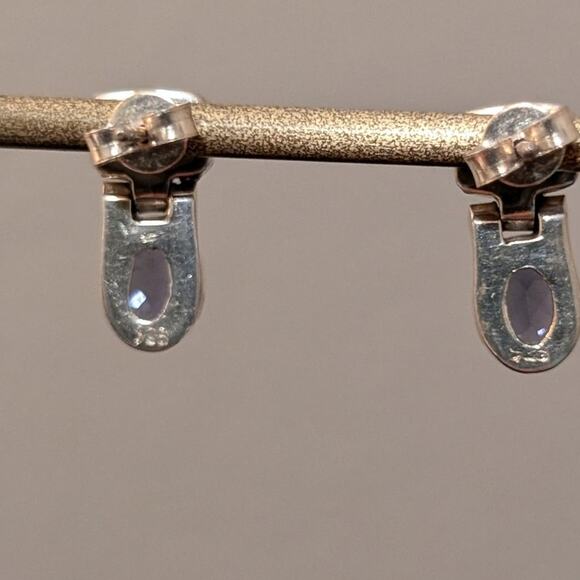 Vtg 1990s 925 Sterling Hinged Amethyst & Iolite Gemstone Drop Post Earrings - Picture 3 of 5